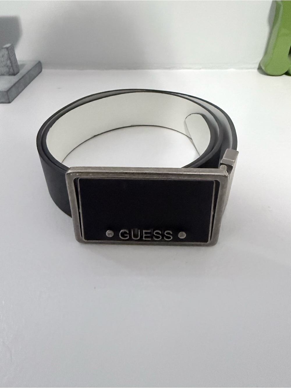 Guess Black Belt with Silver Rectangular Logo Buckle
